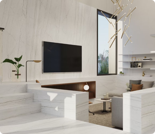 white quartz surfaces in a living room