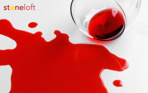 Spilled wine on kitchen countertop